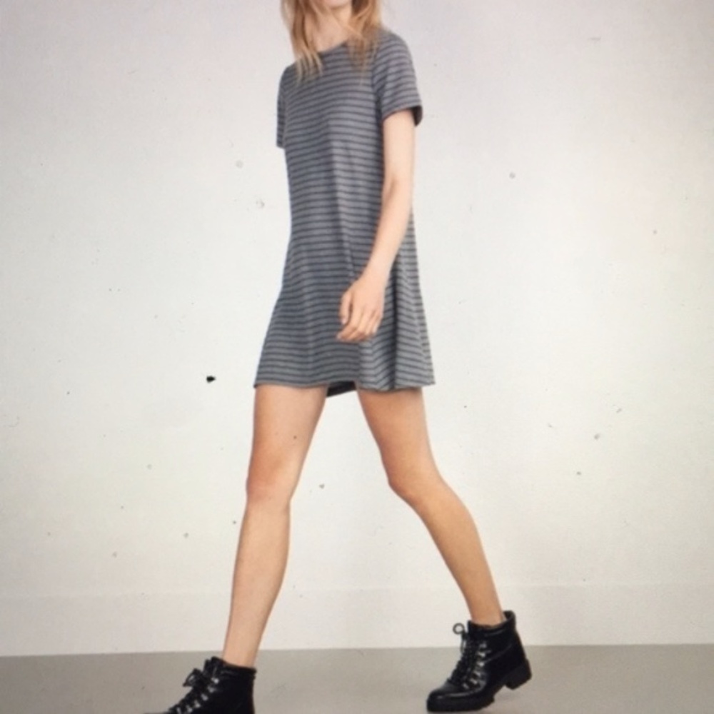 New Zara Gray Black Striped Short Sleeve T-shirt Dress